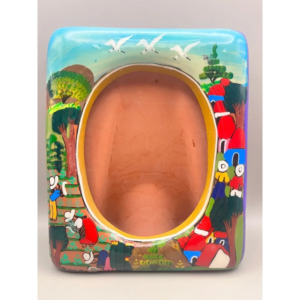 Handpainted Talavera Terracotta Folk Art Picture Frame Mexican Landscape 7.5x6.5